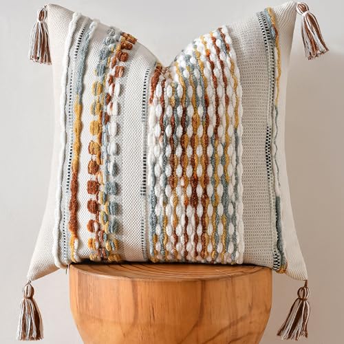 Chenille Striped Textured Boho Throw Pillow Covers Aesthetic with Tassels Woven Decorative Pillow Case for Couch Bed Sofa Bedroom Modern Funky 18 x 18