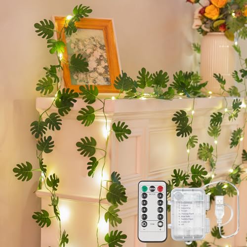 33FT Monstera Vines with Lights Battery & USB Powered Copper Wire