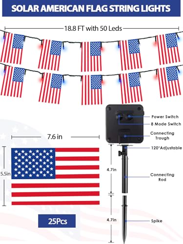 4th of July Decorations 50 LED Solar American Flag String Lights Outdoor