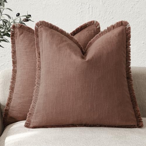 Decorative Linen Fringe Throw Pillow Covers 18×18 Inch (2 Count)