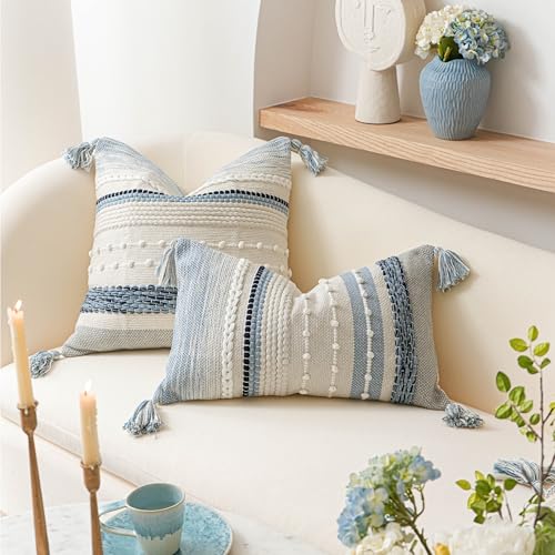 Coastal Blue Boho Decorative Throw Pillow Cover 22x22 Modern Bohemian Accent Pillow Case Square Woven Textured Farmhouse Pillows for Couch Bed