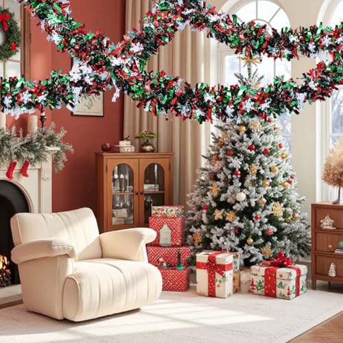 50 Feet Green Red Christmas Metallic Tinsel Twist Hanging Garland with Snowflake for Home Mantle Xmas Tree Staircase Railing New Year Holiday Party Indoor Outdoor Decorations (4 Foot)
