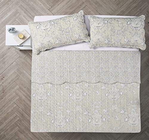 Classic Grey Floral Toile in Beige Hues Quilt Set