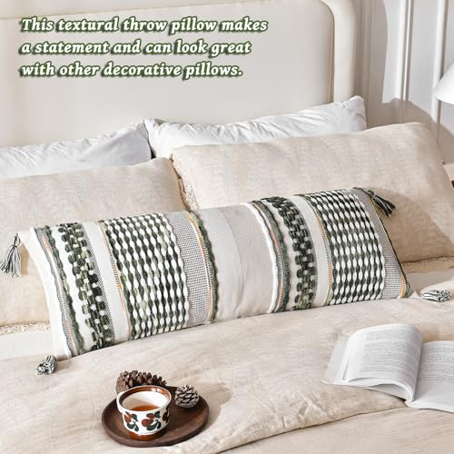 Chenille Striped Textured Boho Throw Pillow Covers Aesthetic with Tassels Woven Decorative Pillow Case for Couch Bed Sofa Bedroom Modern Funky 14 x 36