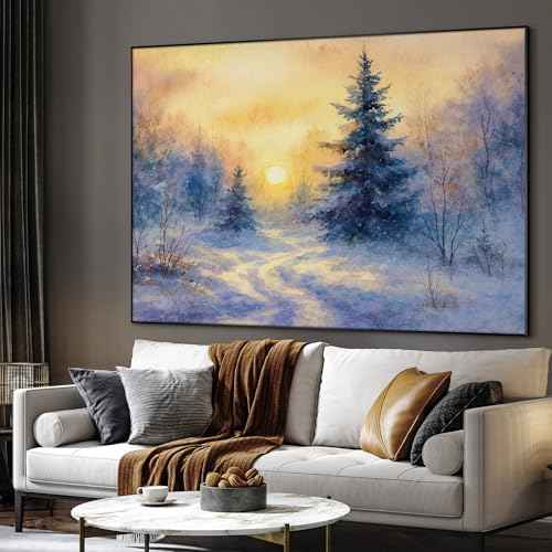 46"x60" Extra Large Framed Wall Art Winter Sunrise in Snowy Pine Forest Watercolor Style for Home Living Room Bedroom Decor