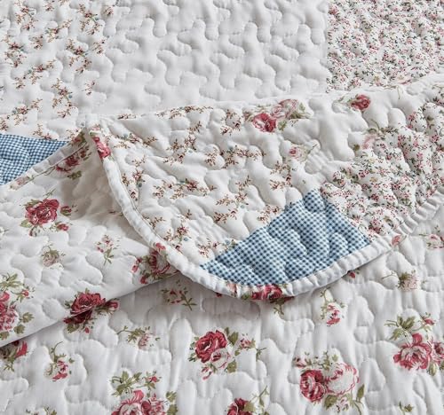 Pink Roses & Blue Checks Patchwork Quilt Set