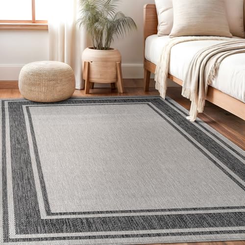Large Outdoor Rug 9x12 Modern Bordered Area Rugs for Indoor and Outdoor Patio Deck Porch Garden Waterproof Weather Sun Resistant Washable Outside Carpet (108 Sq Ft)