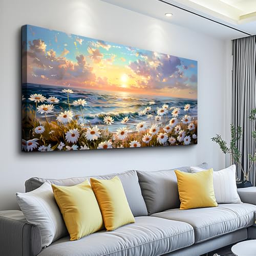 Large Wall Decor Canvas Painting Wall Art For Living Room Dining Room Bedroom Landscape Decor White Flowers Beach with waves Painting Print Artwork Picture Home Decor Aesthetics 24x48 In
