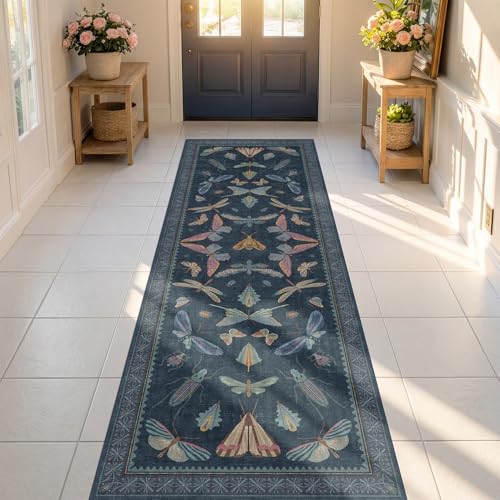 Vintage Dark Blue Insect Moth Runner Rug 3x8 (24 Sq Ft)