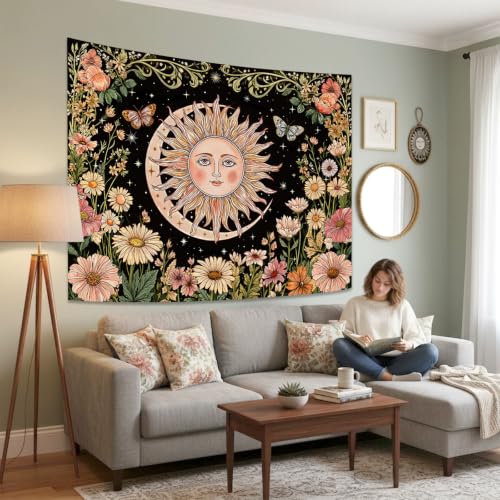 Boho Vintage Sun and Moon Hippie Floral Tapestry 48 x 36 Inch