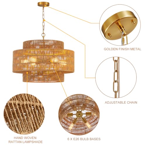 31" Large Gold Rattan Chandelier