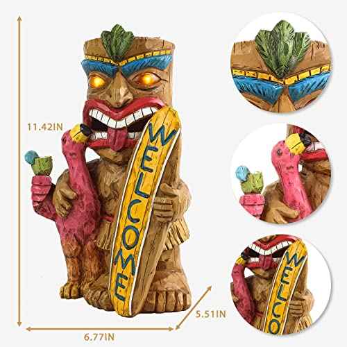 Solar Tiki Garden Statue Outdoor Decor with Flamingo Waterproof Welcome Sign for Tiki Bar