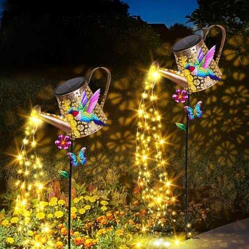 Solar Watering Can with Cascading Lights Outdoor Hummingbird Garden Decor