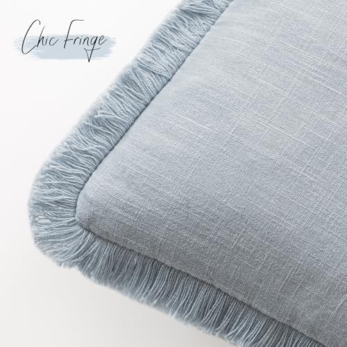 Boho Linen Fringe Lumbar Throw Pillow Covers 12×20 Sky Blue (2 Count)