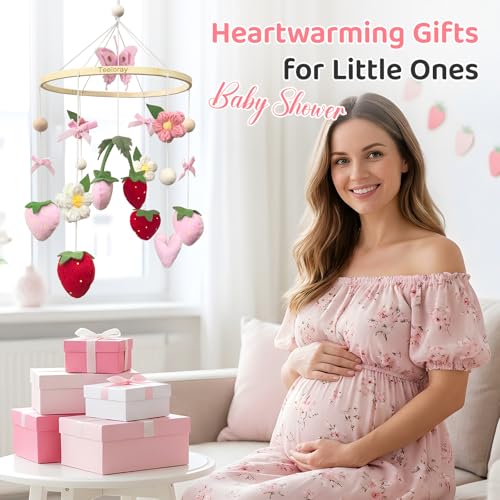 Strawberry Baby Crib Mobile for Girls Pink Bow Nursery Decor