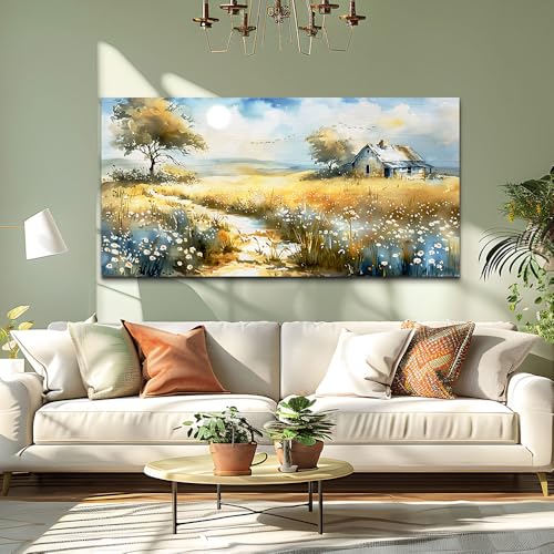 Large Country Field Painter House Decorated Wildflower Field Landscape Painting Living Room Decorated Wall Art Modern Print Canvas Farmhouse Office Bedroom Wall Decorated 30 X 60 Inches