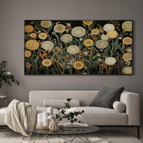 24"x46" Extra Large Framed Wall Art Whimsical Dandelion Field in Yellow and Green