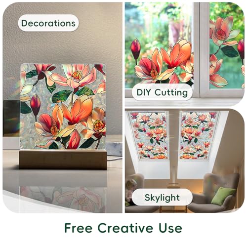 Window Privacy Film Decorative Stained Glass Window Film Rainbow Magnolia Floral Static Cling Non (666.1652 sq inch)