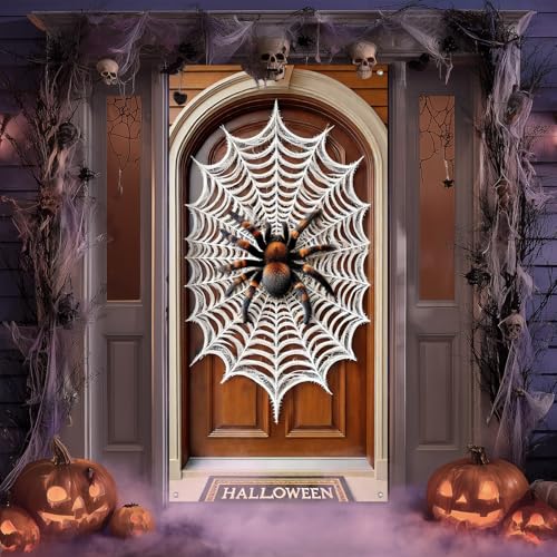 Halloween Door Cover Tarantula Spider Web 35x71 Inch Polyester