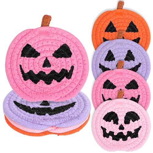 Halloween Pumpkin Cotton Coasters Colored Pumpkin Face Handmade Braided Drink Coasters Pink Purple Orange Absorbent Cup Mats for Trick or Treat Party Home Table Decor (4 Count)