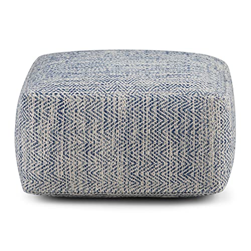 Nate 20" Wide Square Pouf in Blue Handwoven Cotton