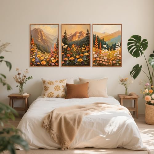 3 Pcs Mountain Wildflowers Framed Canvas Wall Art 16x24 Inch