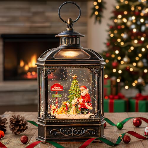 Christmas Snow Globe Lantern Water Glittering Santa Claus & Pups with Music & Timer