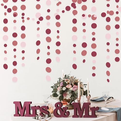 Burgundy Dusty Pink Decorations Circle Dot Garland Maroon Pink Hanging Polka Dot Streamer Banner for Wedding Birthday Bridal Shower Engagement Graduation Anniversary Garnet Party Supplies