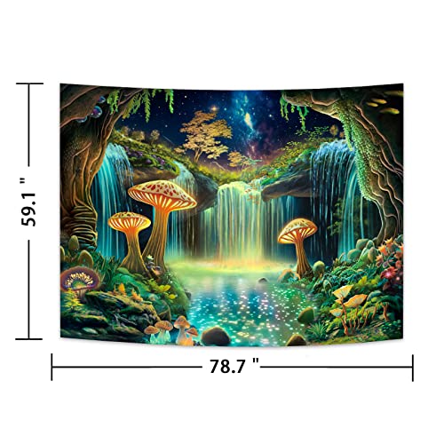 Blacklight Forest Tapestry UV Reactive Waterfall Tapestries Starry Sky Tapestry Fantasy Nature Plant Landscape Wall Hanging Decor for Home