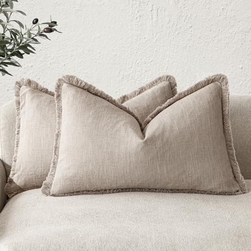 Boho Linen Fringe Lumbar Throw Pillow Covers 12×24 Natural Linen