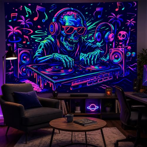 Blacklight Tapestry DJ Skeleton Bedroom Decor 78 x 59 Inch