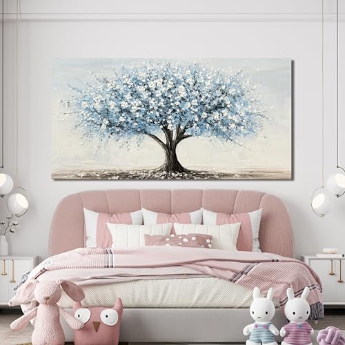 Vintage White Blue Wall Art for Bedroom Tree of Life Wall Art 24"X48"