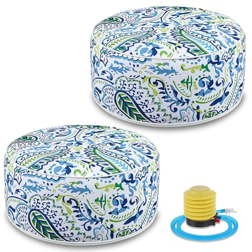 2 Pcs Inflatable Indoor Outdoor Ottoman Pouf with Handle D21 x H9 Inch Waterproof Round Pouf Ottoman Portable Footstool for Patio Garden Camping or Home Pool (2 Count)