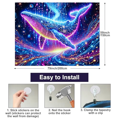 Blacklight Tapestry Whale Circuit Glow Backdrop 78 x 59 Inch