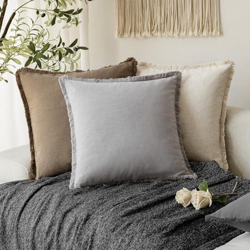 Decorative Linen Fringe Throw Pillow Covers 16×16 Light Gray (2 Count)