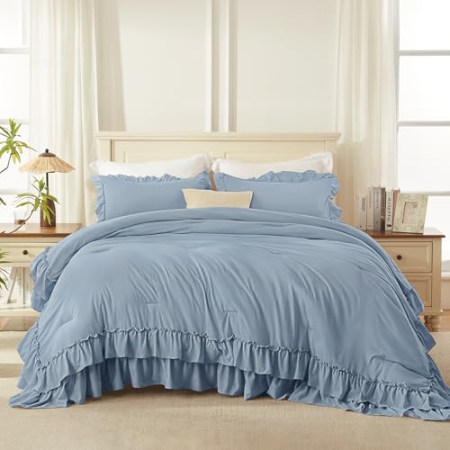 Grayish Blue Ruffle Oversized King Comforter Set