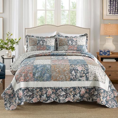 3 Piece Quilt Set King Size Quilted Bedspread Reversible Country Style Blue Floral Paisley Real Patchwork Bedding Quilt Set with Ruffles with Pillowcases for All Seasons