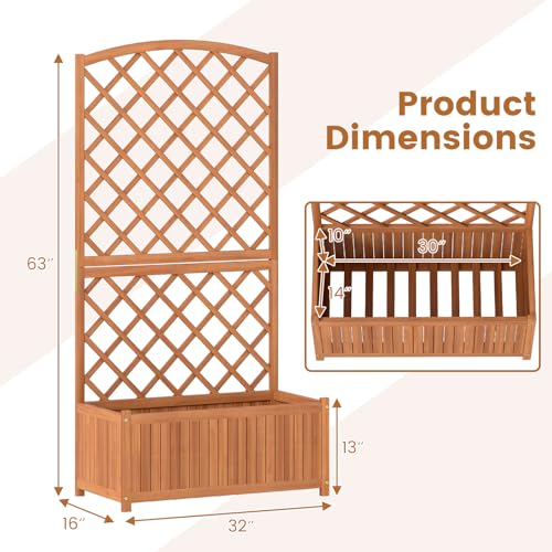 63" Wooden Raised Garden Bed with Trellis & Slat Bottom Base