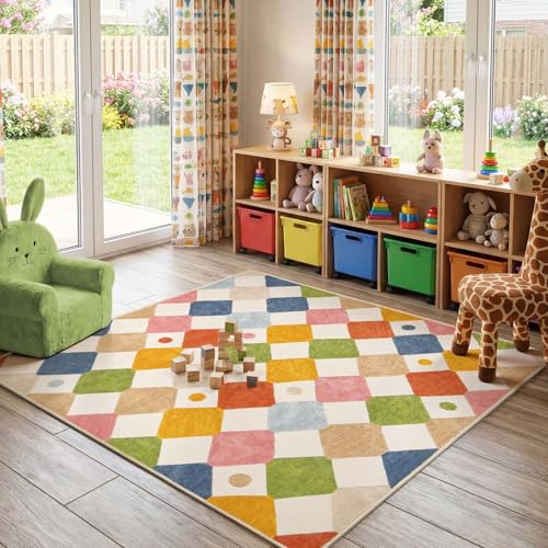 Checkered Square Rug 5x5 Washable Colorful Kids Room Play Mat (25 Sq Ft)