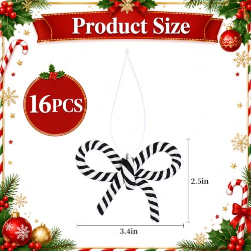 16 Pcs Black White Bow Candy Cane Hanging Ornaments Christmas Tree Decor (16 Count)