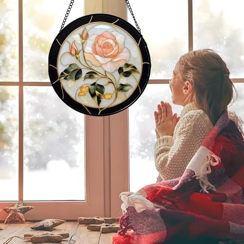Pink Rose Stained Glass Window Hanging Suncatcher Gifts for Women 6.3"