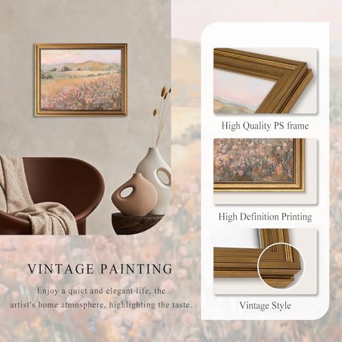 Vintage Wildflower Printing Gold Framed Wall Art Pink Flowers Landscape Canvas Artwork Natural Mounatin Pictures For Living Room Bedroom Apartment Decoration