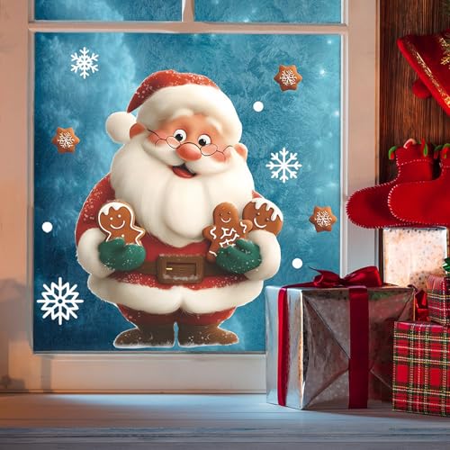 Christmas Window Clings for Glass 1 Sheet Santa Window Decals with Gingerbread Man Designs Window Stickers Cute Windows Cling for Winter Party Supplies Home School Office Glass Decorations