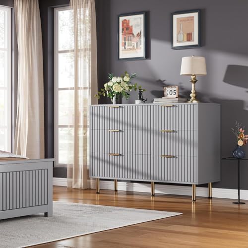 47.2" Fluted Grey 6 Drawer Dresser for Bedroom with Deep Drawers