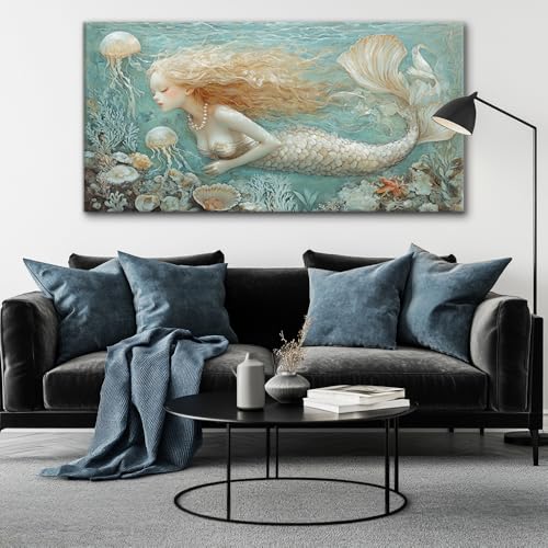 Ocean Mermaid Wall Art for Girls Room Modern Canvas Prints Marine Organism Underwater World Sea Creatures Artwork Paintings Women Bedroom Wall Decor