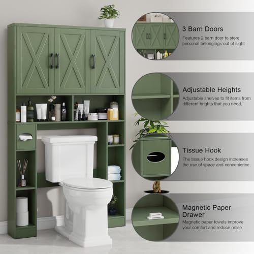 Over The Toilet Storage Cabinet with 3 Barn Doors.Green