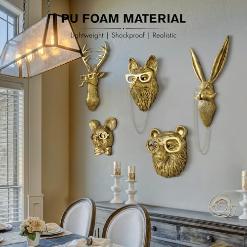 5 PCS Animals Head Wall Art Sculptures 17 inchs Gold Office Vintage 3D Wall Decor Art for Whimsigoth Home Wall Decor Lightweight Material Accent Wall Hanging Room Decor Maximalist Decor