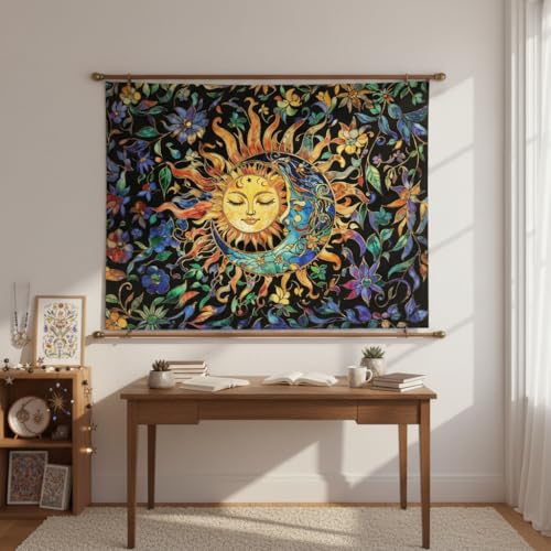 Sun and Moon Tapestry for Bedroom Boho Hippie Floral Wall Tapestry Aesthetic Vintage Stained Glass Plant Small Tapestries Wall Hanging for Living Room Dorm 48 x 36 Inch
