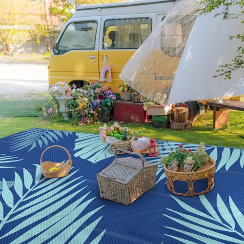 Outdoor Rug Waterproof Plastic Rugs 10'x14' for Camping Navy Green