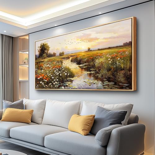 Canvas Wall Art For Living Room Wall Decor For Bedroom Watercolour Painting Office Decoration Countryside Sunrise Scenery Wall Picture Printing Artwork Home Decor Wood Framed 24x48 In